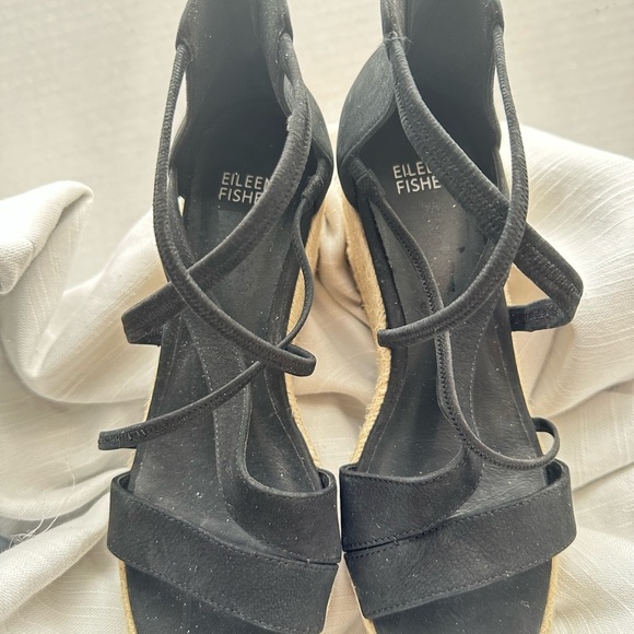 Eileen Fisher Black Wedge Sandals Espadrilles straps zipper back low heel  sz 8 - Picture 5 of 12